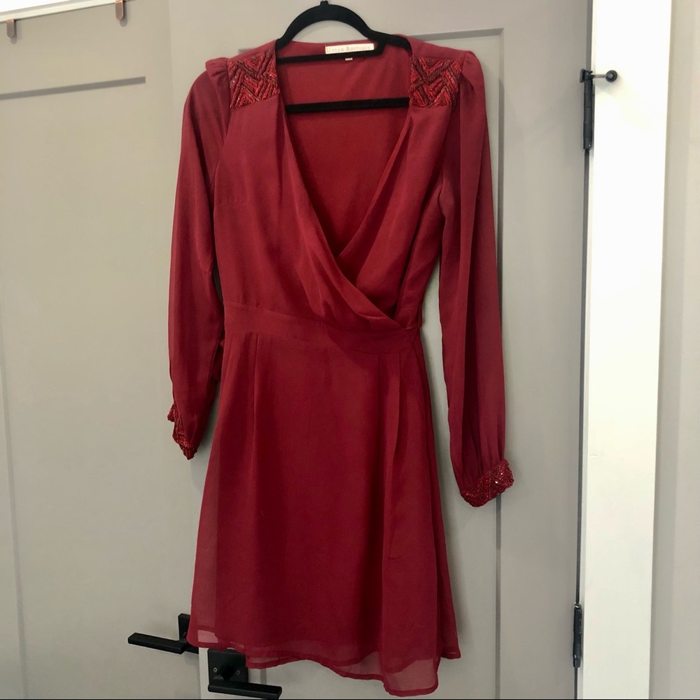 Red wrap dress with beading